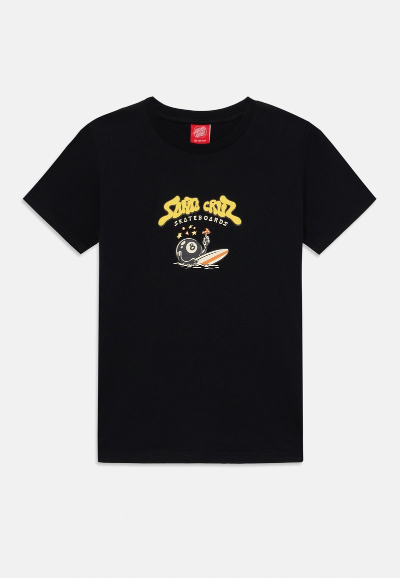 Svart bomull t-skjorte med et fargerikt grafikk av en åtteball, surfebrett og teksten «Santa Cruz Skateboards» i gult.