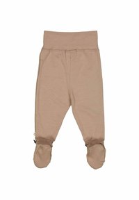 Béžové bavlněné dětské kalhoty s elastickým pasem, s designem na nožičky a staženými kotníky. Měkká textura, vhodné pro komfort.