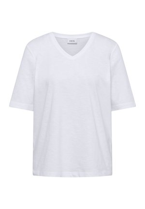 Weißes T-Shirt mit kurzen Ärmeln und V-Ausschnitt, locker geschnitten und mit sichtbarer Stoffstruktur, mit dem Etikett "CECIL" im Nackenbereich.