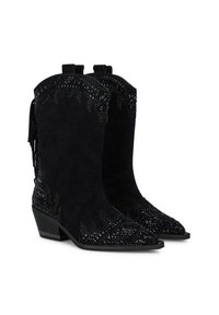 Stivaletti neri in suede con punta affusolata, ritagli decorativi, dettagli con borchie e tacco a blocco corto. Presentano accenti frangiati sui lati.