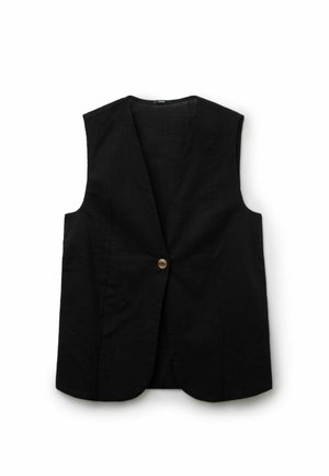 Gilet sans manches noir avec une fermeture par un bouton marron unique, col en V profond et coupe ajustée, posé à plat sur un fond blanc.