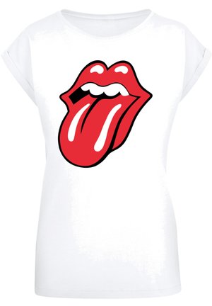 White t-shirt with short sleeves featuring a large red lips design with an open mouth and extended tongue, outlined in black.