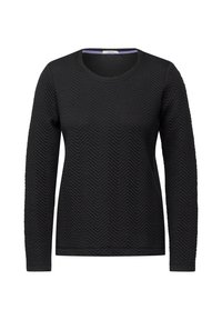 Svart långärmad topp med en strukturerad herringbone-mönster, med rund halsringning och en mjuk tygfinish.
