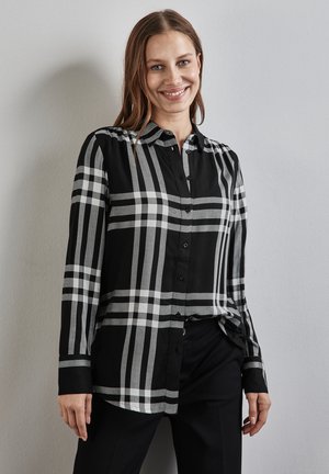 Black and gray checkered button-up shirt with long sleeves, featuring a collar, front buttons, and a relaxed fit.