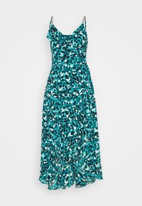 Robe maxi à motif turquoise et noir avec détails en volants, dotée de bretelles en chaîne et d'une silhouette fluide. Texture de tissu lisse.