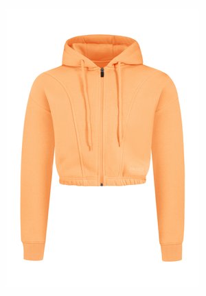 Hoodie arancione cropped realizzato in tessuto morbido con zip frontale, cappuccio con cordino, polsini a costine e orlo elasticizzato. Presenta dettagli di cucitura sottili.