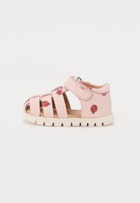 Rosa lær sandaler med lukket hæl, åben tå og marihøneprint, med justerbar rem og hvid gummisål med riller.