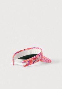 Vizir s uzorkom cvijeća u ružičastim, ljubičastim i narančastim bojama. Mekana tkanina s bijelim elastičnim detaljima i zelenom unutrašnjošću.