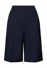 Shorts bleu marine jusqu'au genou, coupés sur mesure avec des plis à l'avant et une ceinture élastique, conçus pour un ajustement confortable.