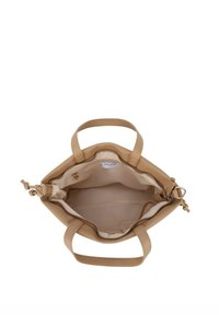 Borsa beige realizzata in materiale testurizzato, con manici corti, tasca interna e chiusura a zip. Interno foderato senza motivo visibile.