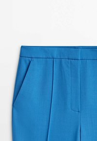 Blue tailored pants with a flat waistband, featuring front pleats and side pockets. Made from a smooth fabric with a matte finish.
