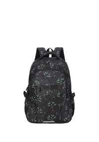 Zaino nero con un motivo a faccia di gatto nei toni del verde e del bianco. Presenta spallacci imbottiti, una maniglia superiore e diversi scomparti con zip.