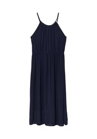 Marineblaues ärmelloses Kleid mit gerafftem Ausschnitt, fließendem Oberteil und weicher Textur. Es zeichnet sich durch eine lockere Passform und einen mittellangen Saum aus.