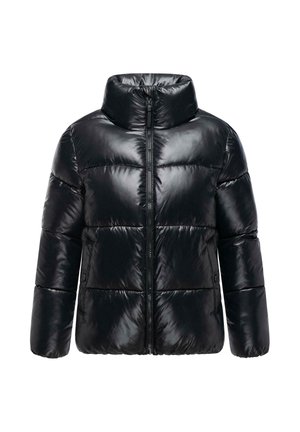 Black shiny puffer jacket with high collar, full front zipper, long sleeves, and horizontal quilted sections.