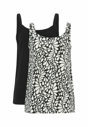 To ærmeløse dame toppe, den ene ensfarvet sort og den anden sort med hvidt abstrakt bladmønster, vist overlappende på hvid baggrund.