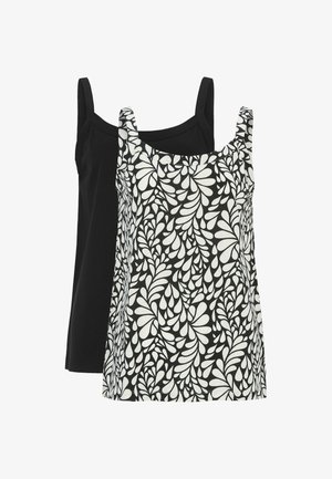 To ærmeløse dame toppe, den ene ensfarvet sort og den anden sort med hvidt abstrakt bladmønster, vist overlappende på hvid baggrund.