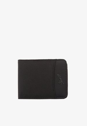 Schwarze Geldbörse aus strukturiertem Stoff mit glatter Oberfläche und einem kleinen Logo-Detail auf der Vorderseite, im kompakten rechteckigen Format.