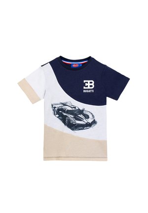 Maglietta a maniche corte per bambini con pannelli navy, bianchi e beige, con logo Bugatti e schizzo di un'auto sportiva.