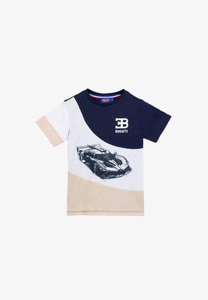 Kinder-T-Shirt mit kurzen Ärmeln in Marineblau, Weiß und Beige, mit Bugatti-Logo und einer Skizze eines Sportwagens.