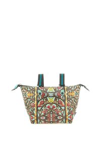 Borsa a spalla multicolore con un motivo floreale e geometrico, realizzata in un materiale resistente, dotata di due manici superiori e una chiusura con zip.