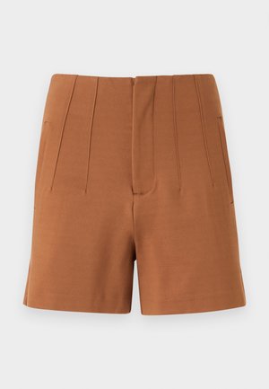 Shorts marron taille haute, ajustés, avec coutures verticales et poches latérales, présentés à plat sur un fond clair.