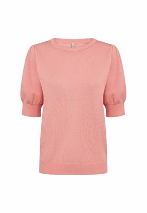 Pink knit sweater with short puff sleeves, crew neckline, and ribbed cuffs and hem. Smooth texture with subtle stretch.