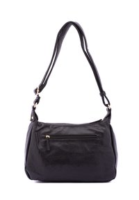 Borsa a tracolla in pelle nera con finitura testurizzata, dotata di una tasca con zip frontale, tracolla regolabile e dettagli in metallo dorato.