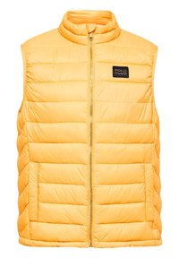 Gul pufferväst med hög krage, dragkedja fram och två sidofickor. Har horisontella quiltade paneler och en logotyp på bröstet.