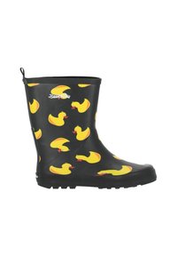 Black rubber rain boot featuring yellow rubber duck patterns, a rounded toe, and a textured sole for traction. Includes rear pull tab.