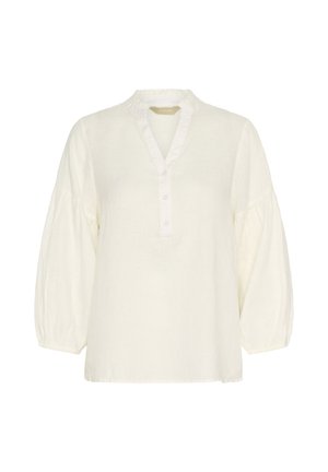 Weiße Bluse mit langen Ärmeln, rundem Kragen, Knopfleiste und gerafften Ballonärmeln. Hergestellt aus leichtem, strukturiertem Stoff.