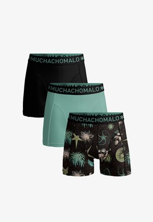 Kolm paari meeste bokserid: üks must, üks hele mündiroheline ja üks troopiliste mustritega tume taustaga; kõigil mustad vööd.