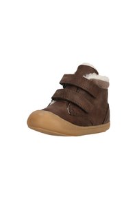 Brune læder babystøvle med to velcro-remme, blød foring, rund tå og en tan gummisål til godt greb.