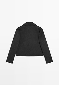 Gray wool blazer with a notched collar, long sleeves, and a tailored fit. Smooth texture, minimal detailing, and no visible buttons or pockets.