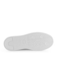 Weiße Sneaker-Sohle mit strukturiertem Fischgrätenmuster, kreisförmigen Akzenten und flachem Rand. Hergestellt aus Gummi für Haltbarkeit und Griffigkeit.