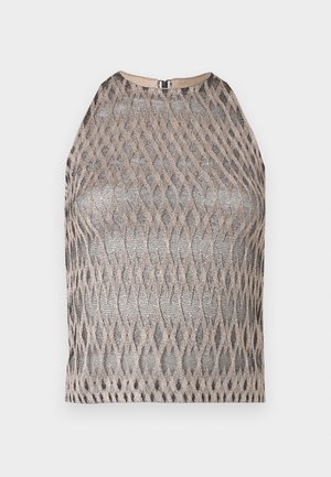 Ujjatlan felső gyémántmintával, bézs és barna árnyalatú fémes szálakkal. Kerek nyakkivágás, hátul cipzáras rögzítéssel.