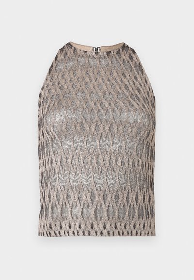 Ujjatlan felső gyémántmintával, bézs és barna árnyalatú fémes szálakkal. Kerek nyakkivágás, hátul cipzáras rögzítéssel.