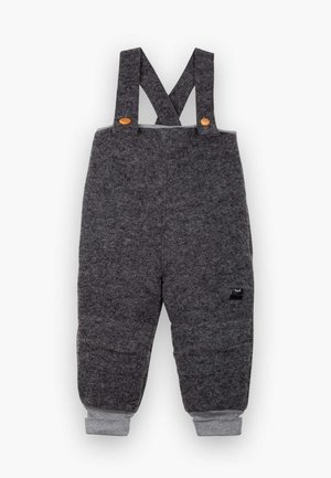 Grijze wollen overalls met gekruiste bandjes, houten knopen, elastische boorden in contrasterend grijs en een klein logo aan de zijkant.