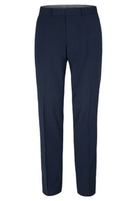 Navy slim-fit broek van gladde stof, met een vlakke voorkant, riemlussen en stijlvolle creases. Ideaal voor formele kleding.