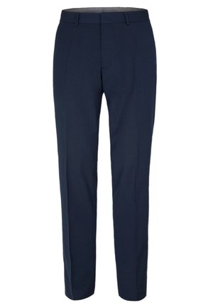 Pantalons slim-fit bleu marine en tissu lisse, avec une taille plate, des passants de ceinture et des détails de pli ajusté. Idéal pour les tenues formelles.