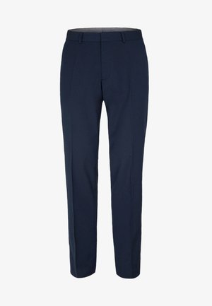 Navy slim-fit broek van gladde stof, met een vlakke voorkant, riemlussen en stijlvolle creases. Ideaal voor formele kleding.