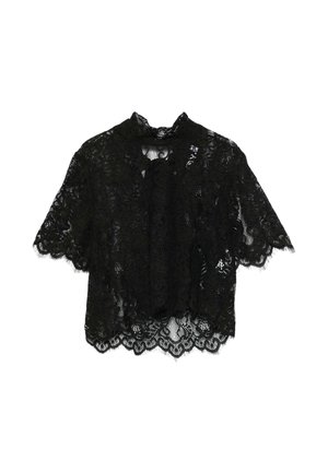 Blusa corta in pizzo nero con maniche corte, orlo smerlato e collo alto, caratterizzata da motivi floreali e tessuto semi-trasparente.