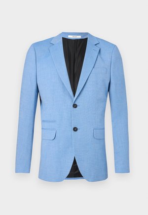 Blazer da uomo azzurro chiaro con rever a dente di lupo, due bottoni neri, tre tasche frontali e fodera interna nera.
