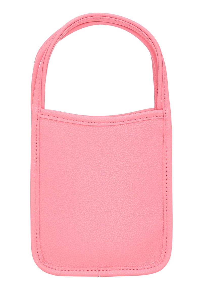 Borsa a tote in pelle sintetica rosa con due manici arrotondati, texture liscia e forma rettangolare. Presenta cuciture minimali e nessun accento.