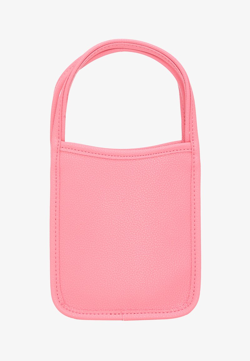 Borsa a tote in pelle sintetica rosa con due manici arrotondati, texture liscia e forma rettangolare. Presenta cuciture minimali e nessun accento.
