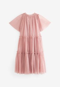 Robe rose à volants avec manches courtes évasées en voile transparent et motif à pois scintillants, fermeture par bouton à l'encolure, coupe ample.