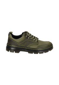 Olivgrüne Schnürschuhe aus glattem Leder mit Leinwandakzenten, ausgestattet mit einer dicken schwarzen Gummisohle und gelben Nähdetails.