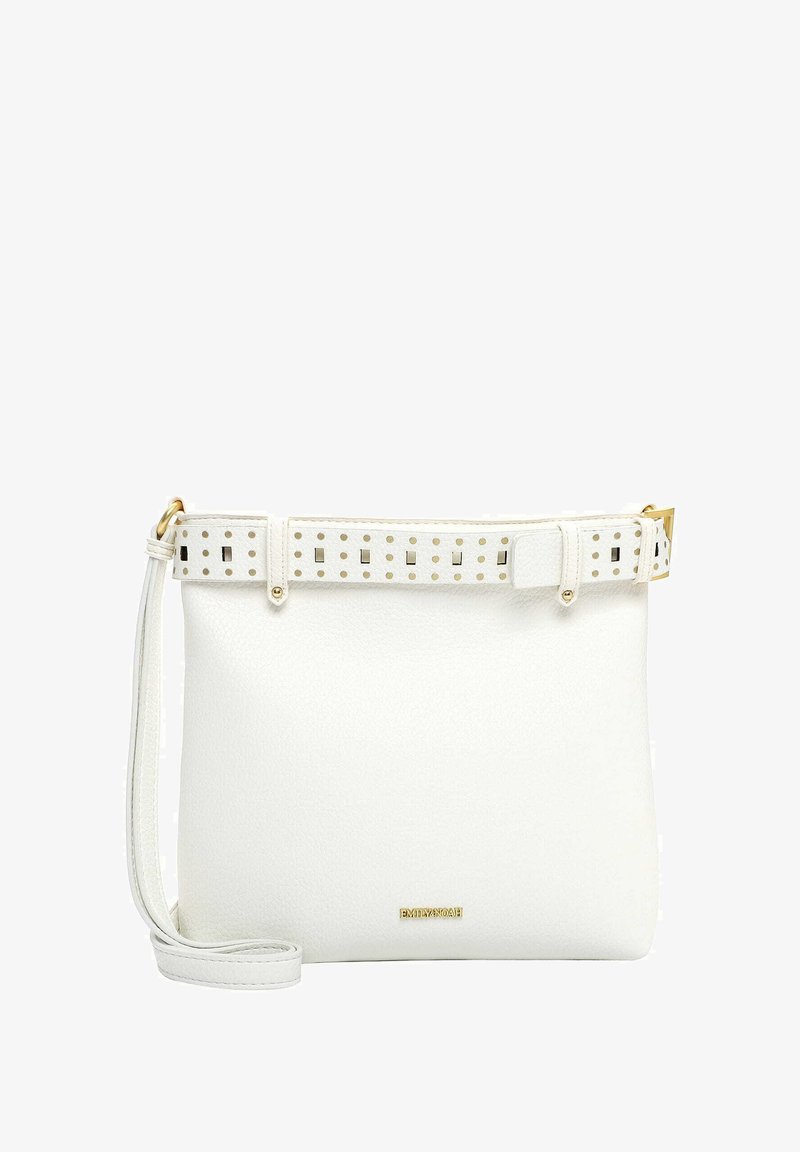 Valge nahast õlakott, millel on perforeeritud rihm, kuldsed detailid ja sileda tekstuuriga keha. Omab eemaldatavat rihma mitmekülgsuse tagamiseks.