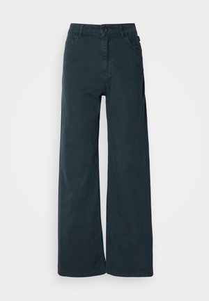 Wide-leg pants in dark gray cotton blend, featuring a front button closure, belt loops, and two side pockets. Smooth texture with minimal detailing.