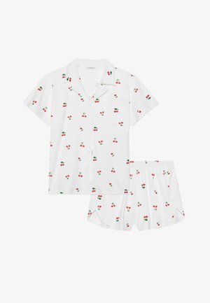Short-sleeve pajama set with a collared shirt and shorts, made of white fabric featuring a red cherry print and green stems.