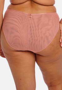 Culotte rose transparente avec un design taille haute, ornée d'un petit nœud et fabriquée en tissu lisse et léger.